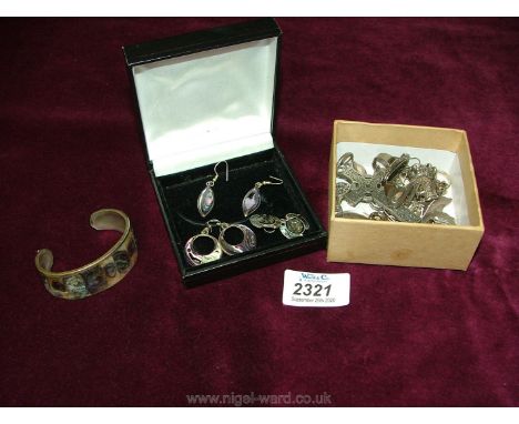 A pair of Alpaca Mexico shell earrings and bangle with box of jewellery some marked silver and others unmarked, cross, earrin