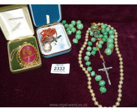 A string of small Coral beads, silver set Cameo pendant, silver chain, seed pearl Clasp and a gold bar brooch with Turquoise 