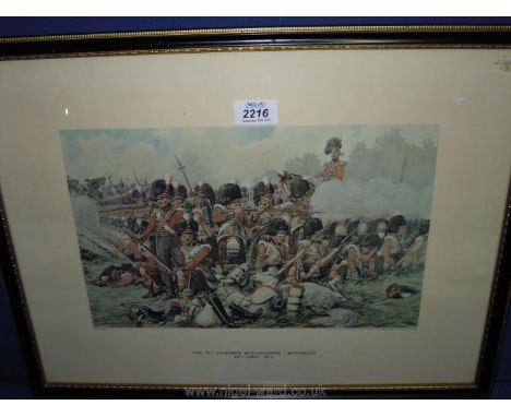 A framed print by R. Simkin 'The 79th Cameron Highlanders, Waterloo, 18th June, 1815'.