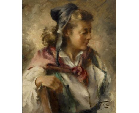 Alexander Tolstoy,  Russian 1895-1969- Portrait of a woman, seated half length, in profile; oil on canvas, signed 'A Tolstoy'