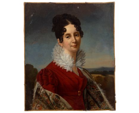 Circle of François Gérard,  French 1770-1837- A pair of portraits depicting a lady wearing a red dress, white collar, and a p