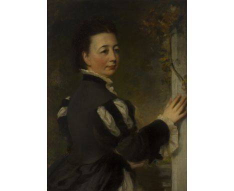 Richard Waller,  British 1811-1882- Portrait of a lady from behind, standing half-length, wearing a black dress with black an