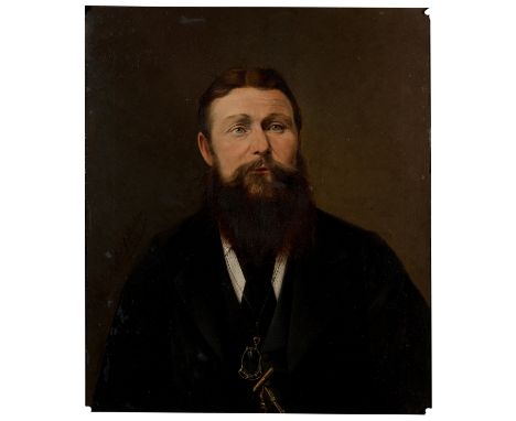 Carl Joseph Becker,  American 1841-1910- Portrait of a bearded man, quarter-length, wearing a black suit and a black and gold