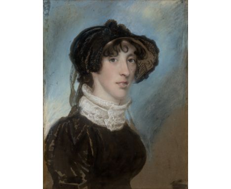 British School,  19th century- Portrait of a lady, quarter-length, wearing a dark brown dress with a white collar, and a dark