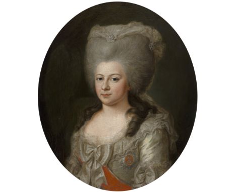 Circle of Alexandre Roslin,  Swedish 1718-1793- Portrait of lady, seated quarter-length, wearing the Order of Saint Catherine