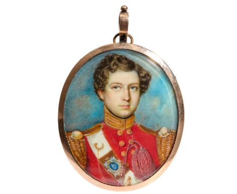 Circle of Anthony Stewart,  Scottish 1773-1846- Portrait of a young officer wearing red full dress uniform with gilt epaulett