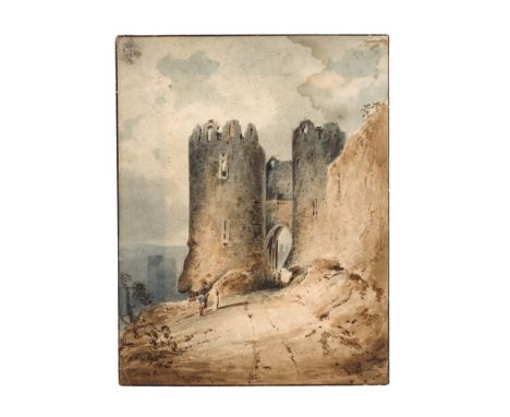 Circle of John Varley, OWS,  British 1778-1842- View of the gate at Conwy Castle, Wales; pencil and watercolour on paper, ins