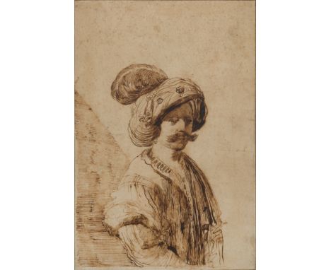 Attributed to Il Falsario di Guercino,  18th century- Portrait of a man, standing half-length, wearing a feathered turban; pe