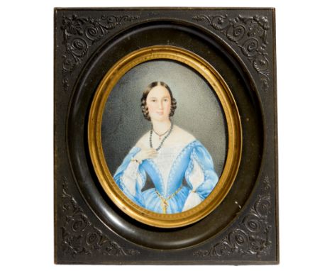 Circle of Richard Schwager,  Austrian 1822-1880- Portrait of a lady, half-length, wearing a blue and white dress and clutchin