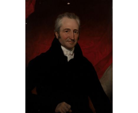 Circle of Jan Adam Kruseman,  Dutch 1804-1862- Portrait of a gentleman, half-length, seated, wearing a black coat, against a 