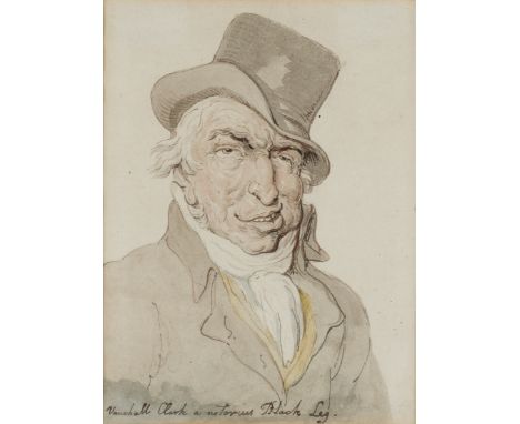 Attributed to Thomas Rowlandson,  British 1756/57-1827- Caricature of a gentleman wearing a top hat; pen, ink, and watercolou