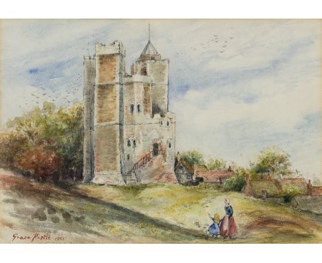 Grace Hastie,  British 1855-1930- View of Orford Castle, Suffolk; and Two figures on a riverbank in a mountainous landscape; 