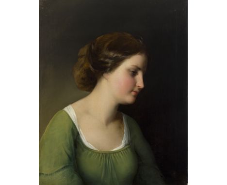Circle of Francesco Hayez,  Italian 1791-1882- Portrait of a girl in profile, seated bust-length, wearing a green dress; oil 