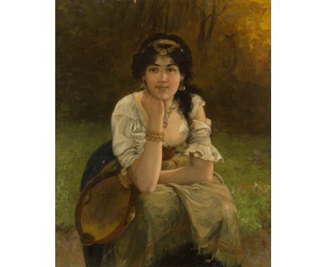 Josef Wenzel Süss,  Austrian 1857-1937- Portrait of a seated girl, resting her head on her hand, holding a tambourine; oil on