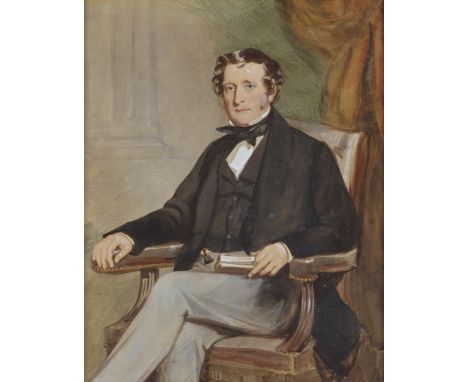 British School,  mid 19th century- Portrait of a gentleman, seated three-quarter-length in an interior, holding a book; water