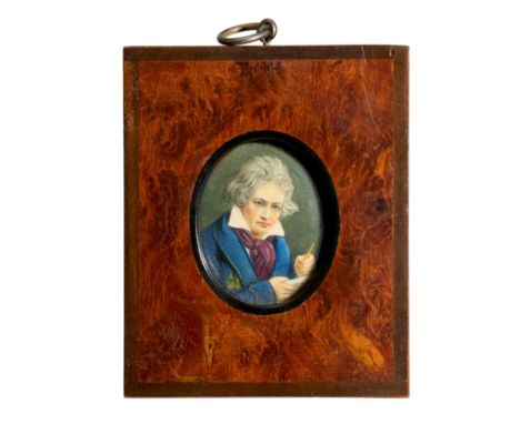 After Josef Karl Stieler,  German 1781-1858- Portrait of Ludwig van Beethoven; watercolour on ivory, oval, bears signature 'S