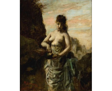 Henri Gervex,  French 1852-1929- Study of a figure in Classical dress, standing in a rocky landscape and holding an amphora a