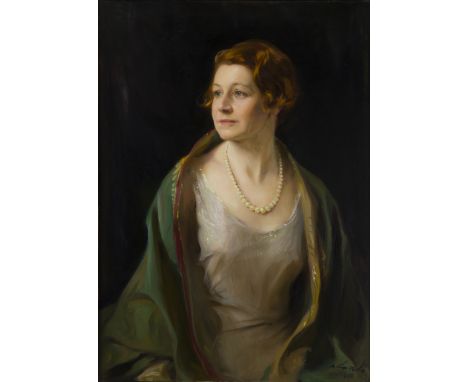 Philip Alexius de László, PRBA,  Hungarian/British 1869-1937- Portrait of Lady Wadia, née Madeleine Landquist, seated half-le