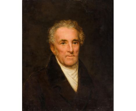 Circle of Sir Thomas Lawrence, PRA FRS,  British 1769-1830- Portrait of a gentleman, seated quarter-length, wearing a black c