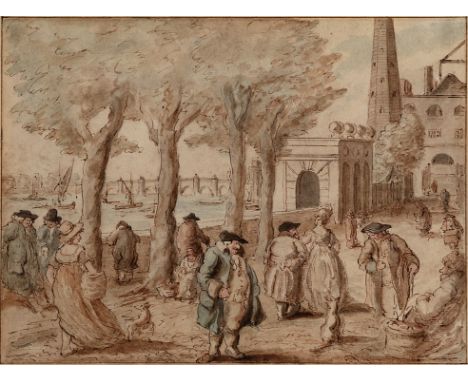 Attributed to Thomas Rowlandson,  British 1757-1827- Crowds by the stairs at York Buildings, with the Water Tower and Westmin