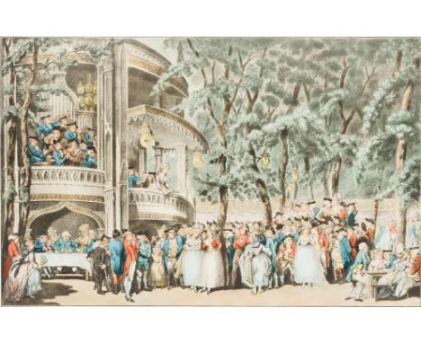 Thomas Rowlandson,  British 1756-1827- Vauxhall Gardens; hand-coloured etching with aquatint on paper, 33.5 x 46.5 cm. Note: 