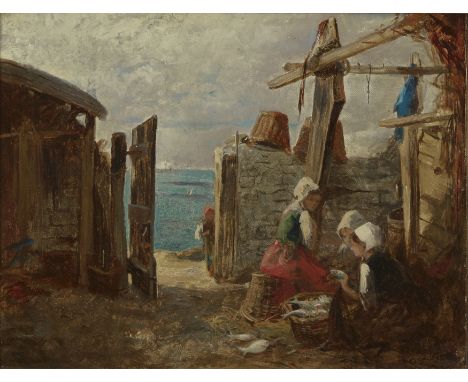 William Lionel Wyllie, RA,  British 1851-1931- Fisherwomen sorting the day's catch; oil on canvas, signed with initials 'W.L.