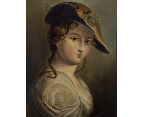 British School,  mid 19th century- Portrait of a girl in a hat; oil on panel, bears fragment of an old inscribed label verso,