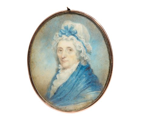 Circle of William Wood,  British 1769-1810- Portrait of a lady, bust-length, wearing a bonnet and a blue shawl; watercolour o