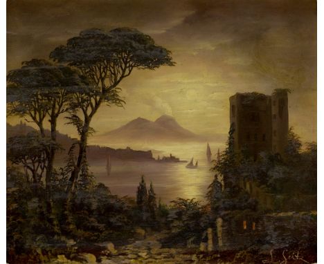 After Ivan Konstantinovich Aivazovsky,  Russian-Armenian 1817-1900- The Bay of Naples by moonlight; oil on board, signed 'L. 