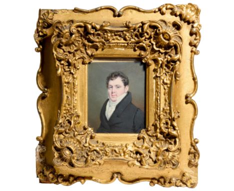 Circle of André Léon Larue, called Mansion,  French 1785-c.1834- Portrait of a gentleman, seated quarter-length, wearing a wh
