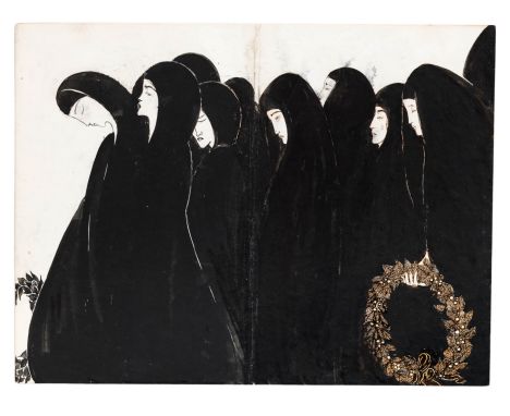 Annie French,  Scottish 1872-1965- A seated woman in elaborate headdress, hands clasped at her chest; and a Procession of mou