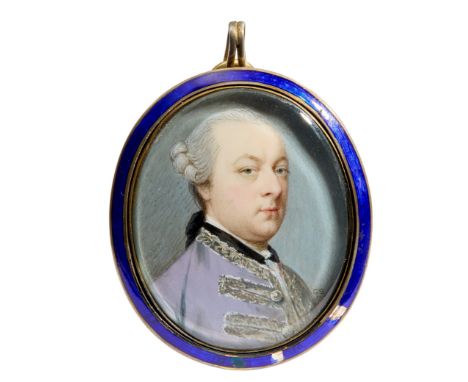 Gervase Spencer,  British c.1715-1763- Portrait of a gentleman, bust-length, wearing a purple jacket with silver brocade; wat