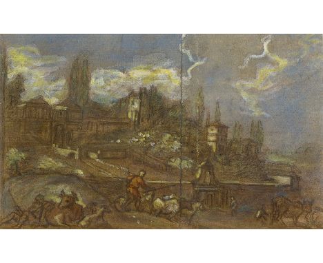 Follower of John Constable, RA,  British 1776-1837- Landscape with cowherds and cattle in the foreground, and a town beyond; 