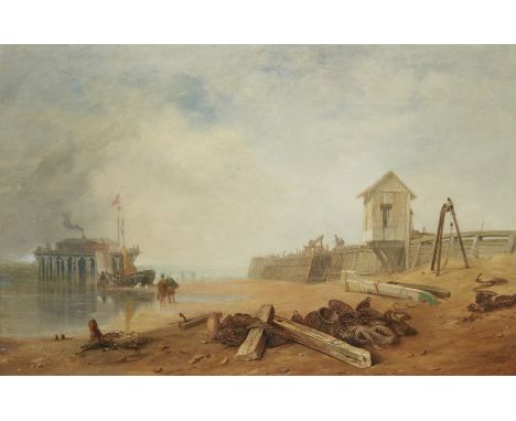 James Baker Pyne, RBA,  British 1800-1870- Beach scene with fisherfolk around a jetty; oil on canvas, signed and dated 'JB PY