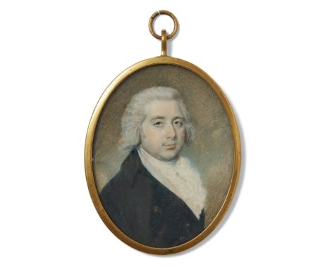 Circle of Richard Cosway,  British 1742-1821- Portrait of a gentleman, bust-length, facing right, wearing a dark green coat a