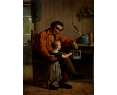 Johannes Jacobus Paling,  Dutch 1844-1892- A father and child playing with a goldfinch; oil on panel, signed and dated 'Joh J