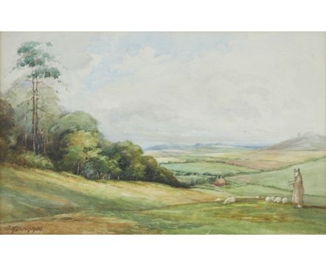 George Henry Downing,  British 1878-1940- A shepherd and his flock in a landscape; watercolour on paper, signed 'G.H. DOWNING