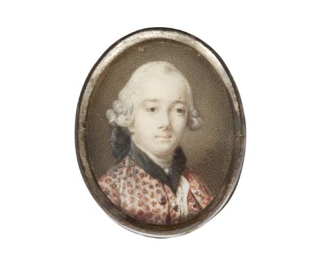 French School,  mid/late 18th century- Portrait of a gentleman wearing a spotted waistcoat; watercolour on ivory, oval, 3.2 x