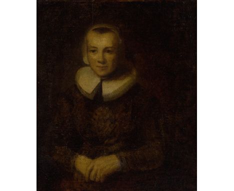 After Rembrandt Harmensz. van Rijn,  Dutch 1606-1669- Portrait of Baertje Martens; oil on canvas laid down on panel, 36.4 x 3