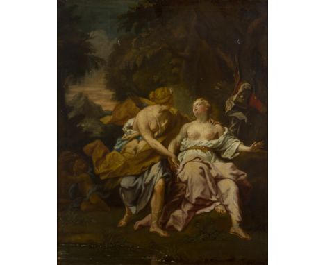 Circle of Jean-François de Troy,  French 1679-1752- Diana and Callisto; oil on canvas, bears partial old label inscribed '16.