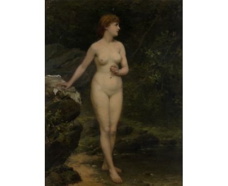 William Oliver Williams,  British 1823-1901- Portrait of a female nude, standing full-length in a landscape; oil on canvas, s