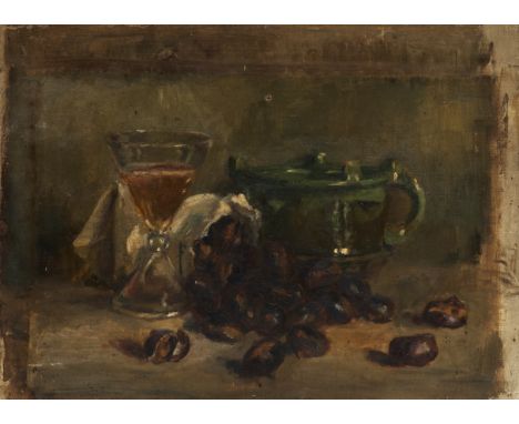 French School,  19th century- Still life with chestnuts on a table; oil on canvas, 32.9 x 44.8 cm. (unframed). 