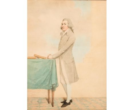 Attributed to Adam Buck,  Irish 1759-1833- Portrait of a gentleman, by repute Lord Bolingbroke, full-length, standing by a ta