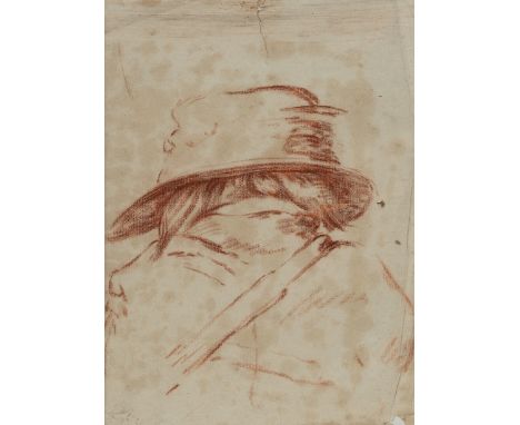 Bolognese School,  17th century- A caricature: the head and shoulders of a man wearing a hat, seen from behind; red chalk on 