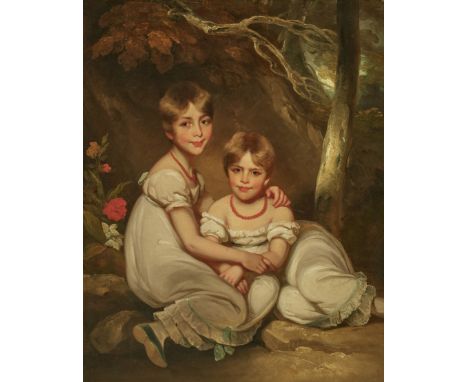 George Chinnery,  British 1774-1852- Portrait of Margaret Sophia Wood and her sister Mary, full-length, seated in a landscape