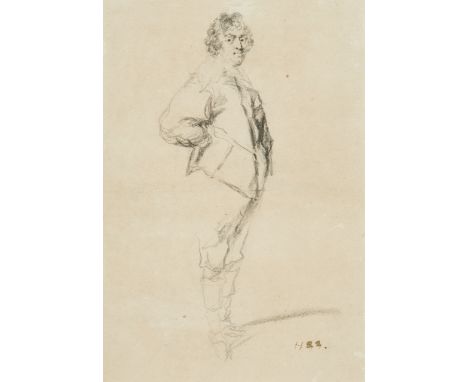 British School,  early 19th century- Portrait of a man in 17th-century costume; black chalk on paper, signed with indistinct 