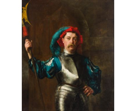 Paul Adolphe Rajon,  French 1842/43-1888- Portrait of a guardsman in 16th-century costume, holding a pike; oil on canvas, sig