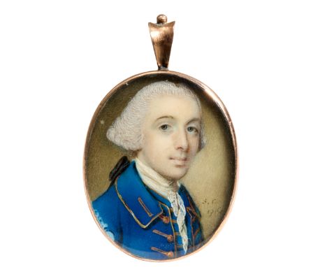Samuel Collins,  British 1735-1768- Portrait of a gentleman, quarter-length, wearing a gold-trimmed blue coat and a powdered 