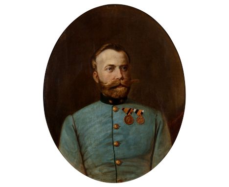 Antonín Dornhaus,  Czech 1829-1902- Portrait of a military officer, seated half-length, wearing a blue coat and two medals; a