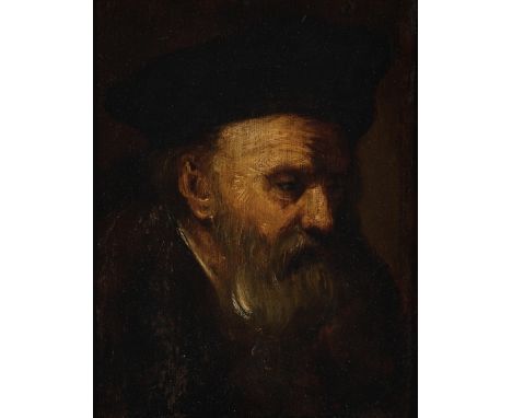 Follower of Rembrandt Harmensz. van Rijn,  Dutch 1606-1669- Portrait of a bearded old man wearing a beret; oil on panel, 29.7